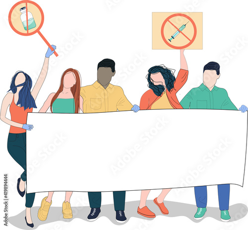 No Covid Vaccine protest  banner. Refusal vaccination, Rejecting preventive coronavirus. Vector illustration hand drawn
