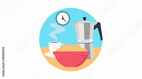 Vector isolated Illustration of a Bowl of cereals, a coffee maker and a coffee cup. Morning breakfast icon