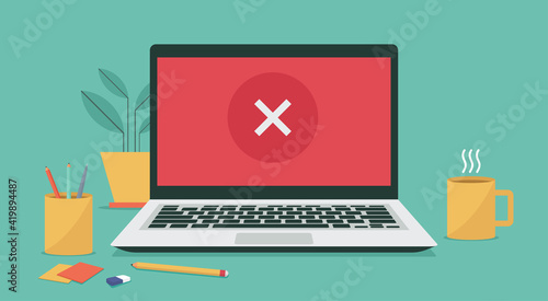 system access denied concept, incorrect or wrong cross x mark concept on laptop computer screen, vector flat illustration	