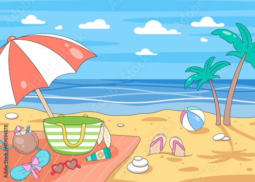 Beach Vacation Background. Summer Time illustration for banner  poster  ad  etc. Beach umbrella  palms  sea and flip-flops. Beach season with sea views. Sunny seascape on the beach. Summer sale vector