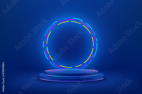 Abstract vector rendering 3d shape for cosmetic products display presentation. Modern technology blue cylinder podium with dark empty room and shiny ring neon background. Minimal scene studio room .