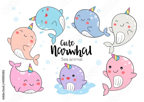 Draw cute narwhal Sea animal Doodle cartoon style