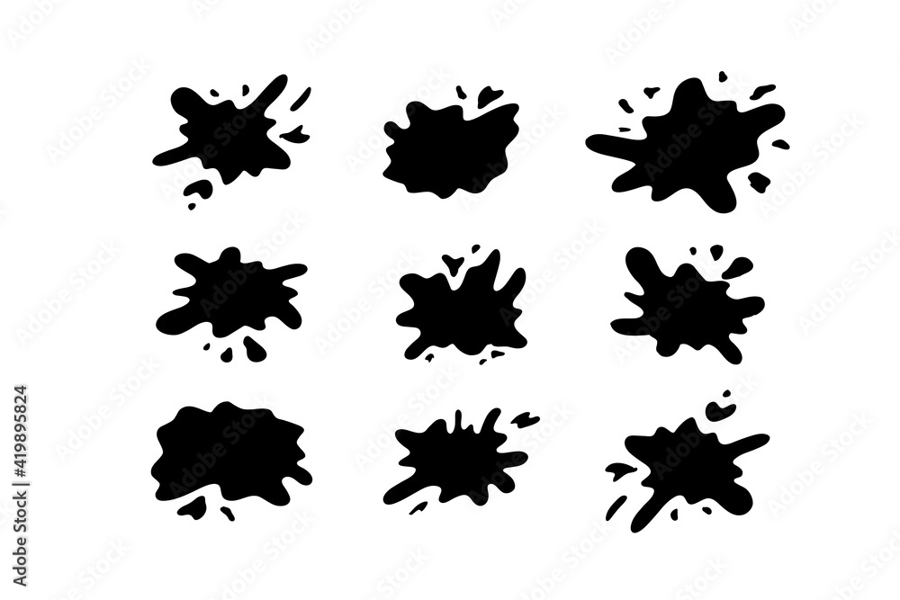 Hand drawn blob elements ink paint splash stain spot splatter different shapes. Isolated cut out vector illustration for sticker label banner design Hand drawn blob elements ink paint splash stain spot splatter different shapes. Isolated cut out vector illustration for sticker label banner design