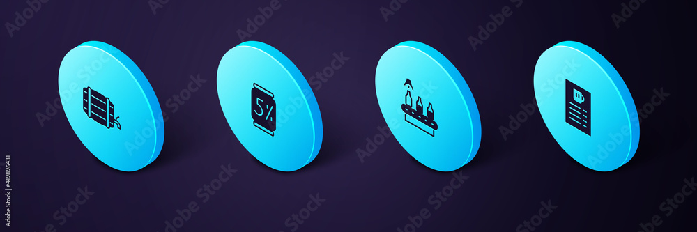 Set Isometric Beer menu, Conveyor band, beer, can and Wooden barrel rack icon. Vector Set Isometric Beer menu, Conveyor band, beer, can and Wooden barrel rack icon. Vector