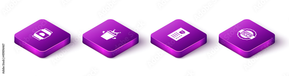 Set Isometric Beer can, bottles in ice bucket, menu and Bottle cap with beer icon. Vector Set Isometric Beer can, bottles in ice bucket, menu and Bottle cap with beer icon. Vector