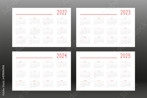 2022 2023 2024 2025 calendar for personal planner diary notebook, cute minimalists style. individual schedule calendar for notebooks. Week starts on sunday