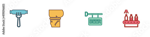 Set Sausage on the fork, Beer belly, Street signboard with and Conveyor band, beer icon. Vector