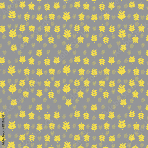 Seamless pattern with yellow leaves on a gray background. Trending two colors of 2021.