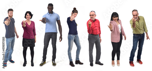 a group of men and women who say come with your fingers on white background