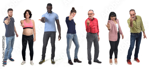  group of men and women who say come with your fingers on white background