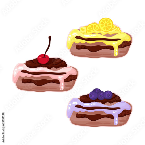 Vector illustration of eclair cake with different types of cherry, lemon and blueberry fillings. Isolate image.