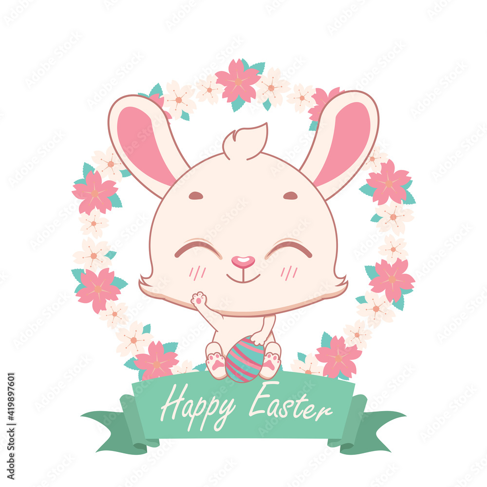 Happy easter bunny with floral wreath and festive banner Happy easter bunny with floral wreath and festive banner