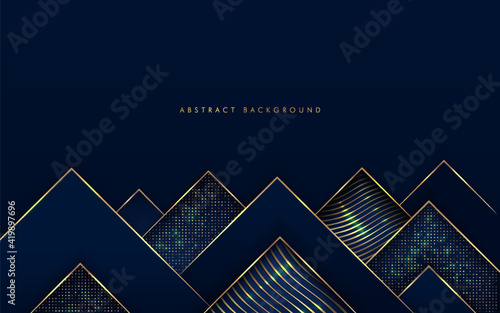 Abstract modern luxury dark navy blue gradient triangles shape with golden line and glow glitter texture. Geometric overlapping layer elegant style with copy space. Vector illustration
