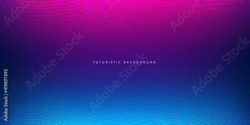 Abstract halftone pattern glowing light blue and pink purple on dark background with copy space. Modern futuristic dots pattern design. Vector illustration.