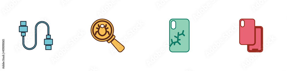 Obraz premium Set USB cable cord, System bug, Mobile with broken screen and Smartphone icon. Vector