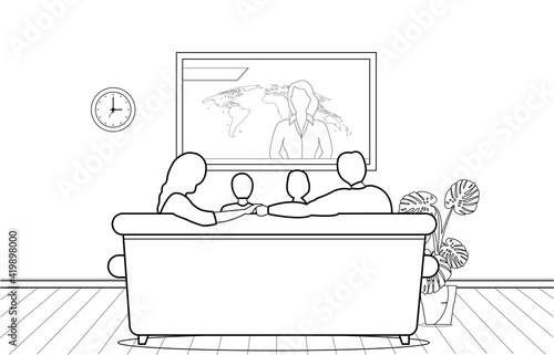 Line art drawing of family  watching TV daily news program sitting on the sofa at home in room.