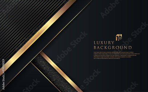 Abstract premium black geometric overlap layers with stripe golden line and glitter lighting on dark background. Luxury and elegant background with copy space. Vector illustration