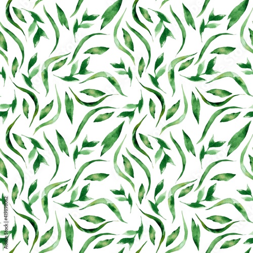 Watercolor illustration. Seamless pattern, spring easter design. pattern from green leaves, plants. For textiles, clothing, wrapping paper 