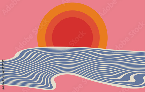 Minimalistic digital art. Wallpapers for desktop. Sunny sunset. 
Sea ​​waves on the background of the sun. Hot weather. Summertime. Warm color palette. Vector EPS 10.