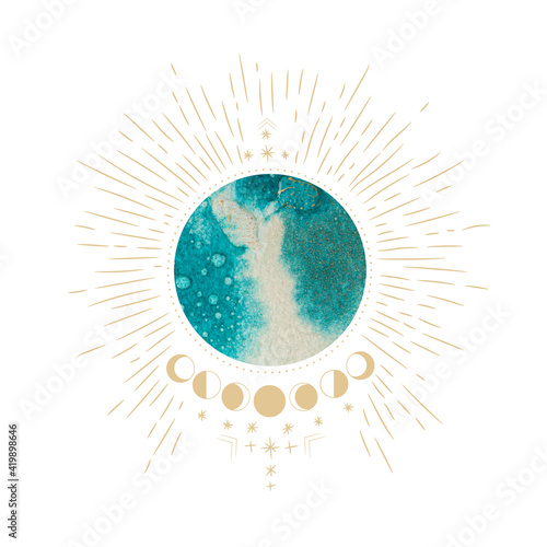 chic golden luxurious retro vintage engraving style. image of the sun and moon phases. culture of accultism. Vector graphics