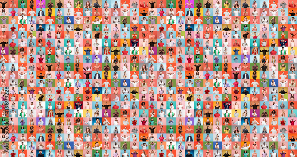 Collage of faces of surprised people on multicolored backgrounds. Happy men and women smiling. Human emotions, facial expression concept. Different human facial expressions, emotions, feelings. Collage of faces of surprised people on multicolored backgrounds. Happy men and women smiling. Human emotions, facial expression concept. Different human facial expressions, emotions, feelings.