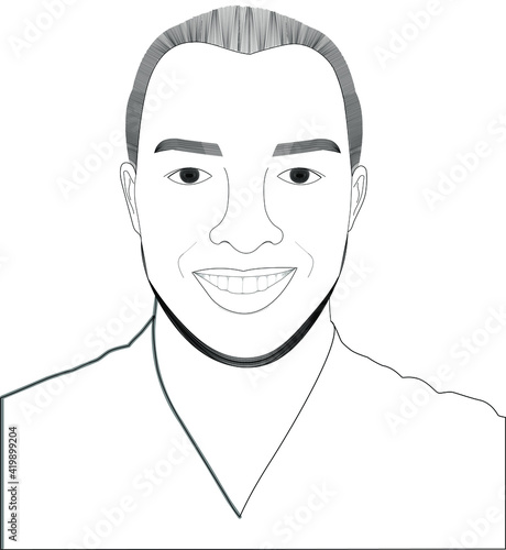 Portrait of the face of a young man in black and white made with fine lines, from the front, smiling, on a white background.