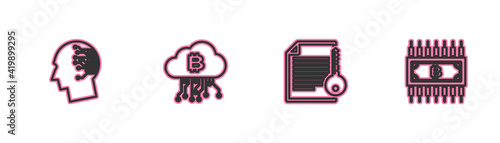 Set line Brain as digital circuit board, Smart contract, Cryptocurrency cloud mining and bitcoin with icon. Vector