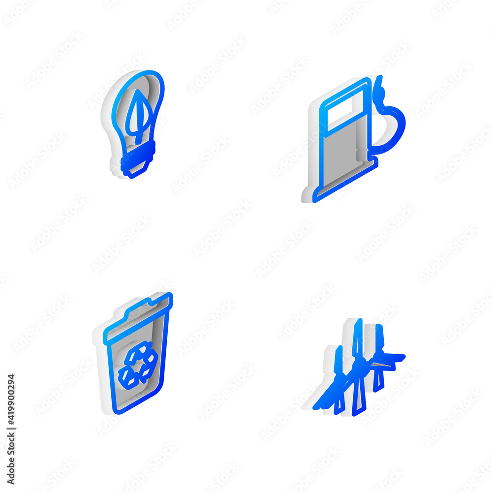 Set Isometric line Petrol or Gas station, Light bulb with leaf, Recycle bin recycle and Wind turbines icon. Vector Set Isometric line Petrol or Gas station, Light bulb with leaf, Recycle bin recycle and Wind turbines icon. Vector