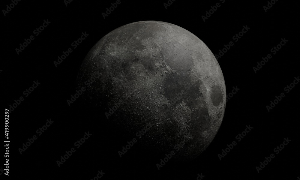 Fototapeta premium Full Moon away copy space on the right side. 3D render.