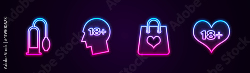Set line Penis pump, Head with 18 plus, Shopping bag heart and content. Glowing neon icon. Vector