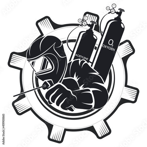 Welder in mask and uniform on the background of a gear symbol for business