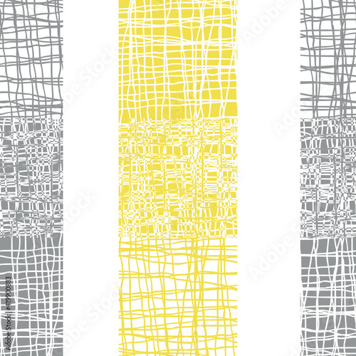 Irregular vector gauze weave effect striped seamless pattern background. Backdrop of alternating yellow grey woven vertical rectangle shapes with spliced edges. Modern abstract Hessian fibre repeat