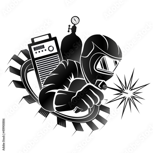 Welder in mask uniform with welding machine in hand symbol