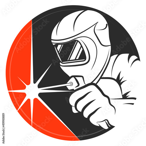 Welder with welding machine in hand symbol for business
