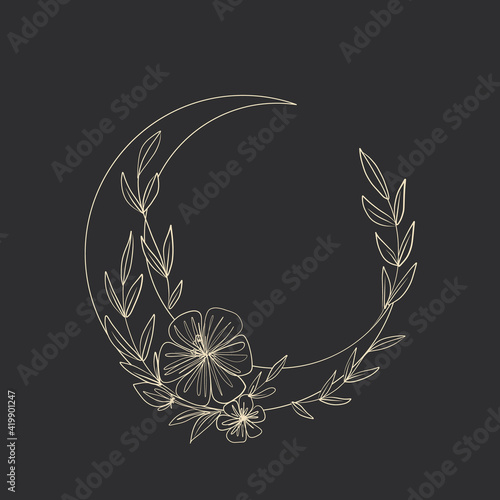 Vector illustration set of moon phases. Different stages of moonlight activity in vintage engraving style. branches of plants and flowers. sacred isoteric geometry