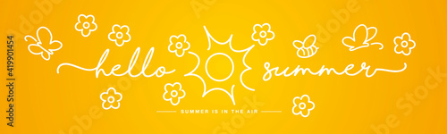 Hello Summer handwritten typography lettering summer is in the air with white flowers, butterflies and bee on yellow orange background drawing in line design