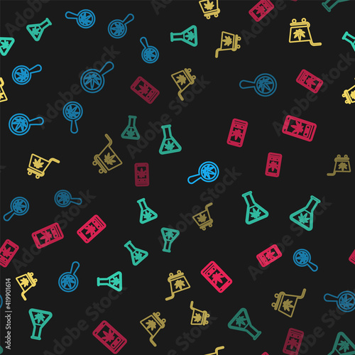 Set line Magnifying glass and marijuana, Test tube with, Shopping cart and Online buying on seamless pattern. Vector