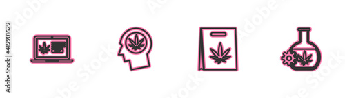 Set line Online buying marijuana, Shopping bag of, Head profile with and Test tube icon. Vector