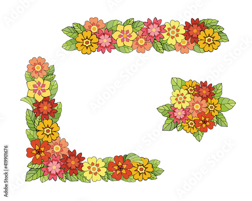 A colorful set of decorative elements corner, border  from primrose flowers for the design of cards, letterheads, invitations.