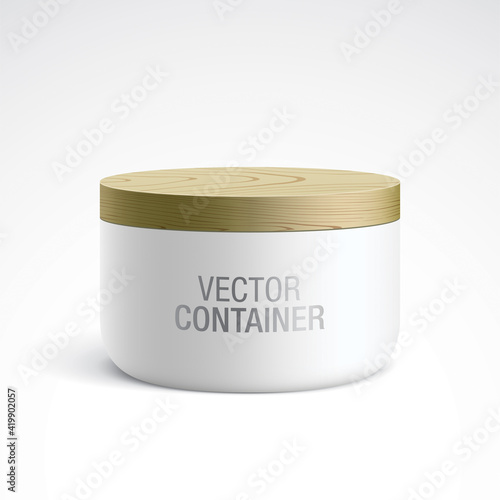 White container covered with a wooden lid. Realistic vector mockup of the small size round ceramic or plastic jar, for cosmetics design, standing on a light gradient background.