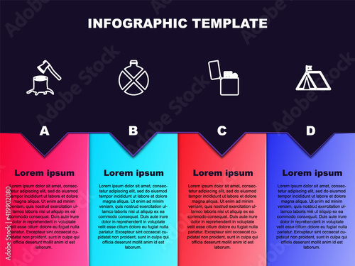 Set line Wooden axe in stump, Canteen water bottle, Lighter and Tourist tent with flag. Business infographic template. Vector