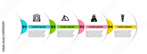 Set line Rafting boat, Tourist tent with flag, Campfire and Flashlight. Business infographic template. Vector