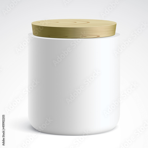 White container covered with a wooden lid. Vector illustration of the round ceramic canister for tea, coffee, sugar, flour, or different staff keeping, standing on a light gradient background.