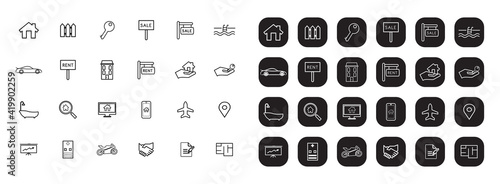 Real Estate minimal thin line web icon set.Black and white both set. Outline icons collection.