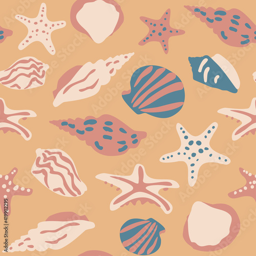 Vector seamless pattern with seashells and starfish on orange background. Design with starfish and shells.