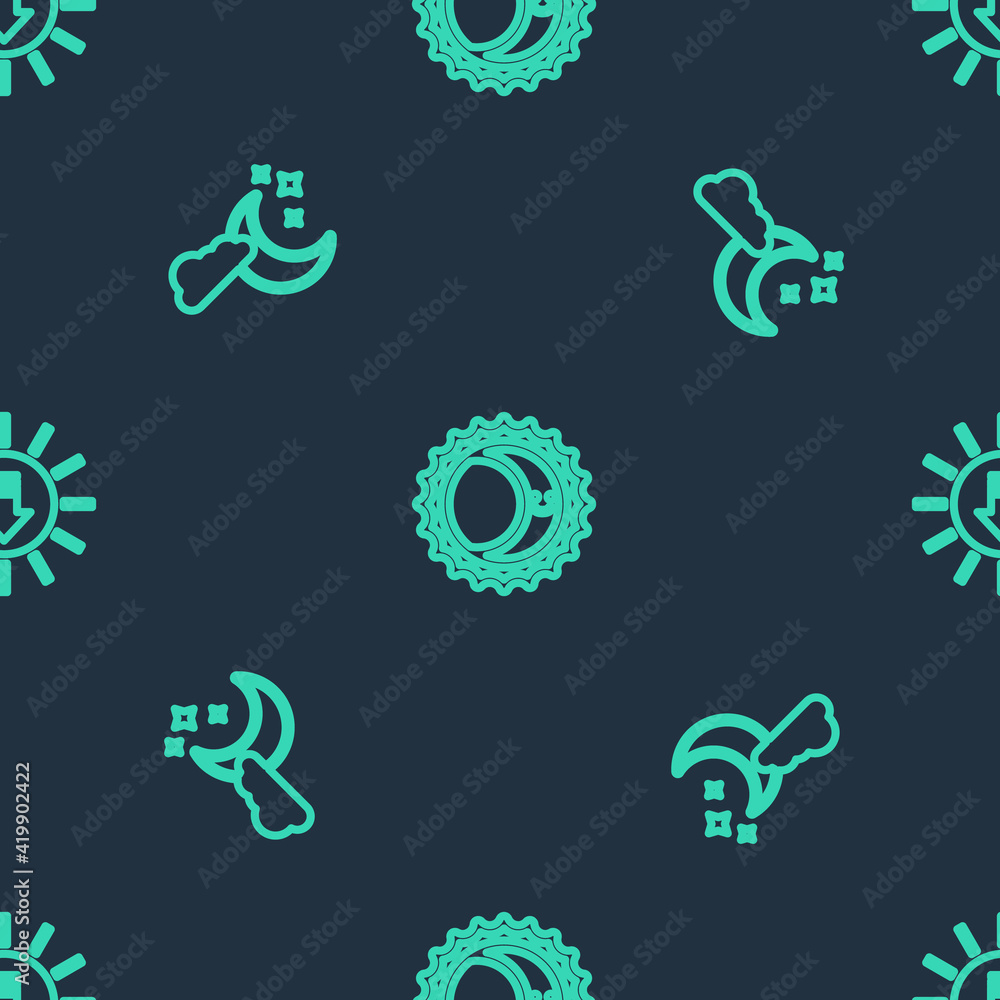 Fototapeta premium Set line Eclipse of the sun, Cloud with moon and stars and Sunset on seamless pattern. Vector