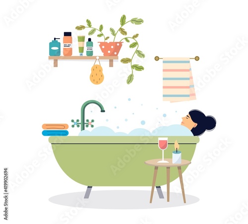Woman taking a bath. A female character is relaxing in the bathroom with a glass of wine. The girl is enjoying a bubble bath. Vector illustration on white isolated background.