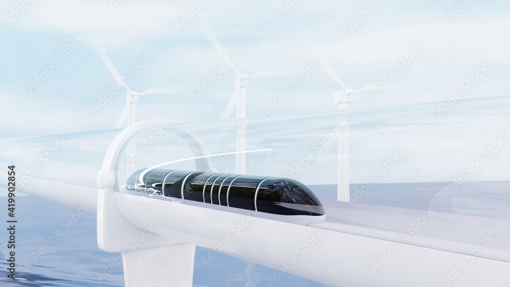 Future train futuristic with Hyperloop Technology and sea background ...