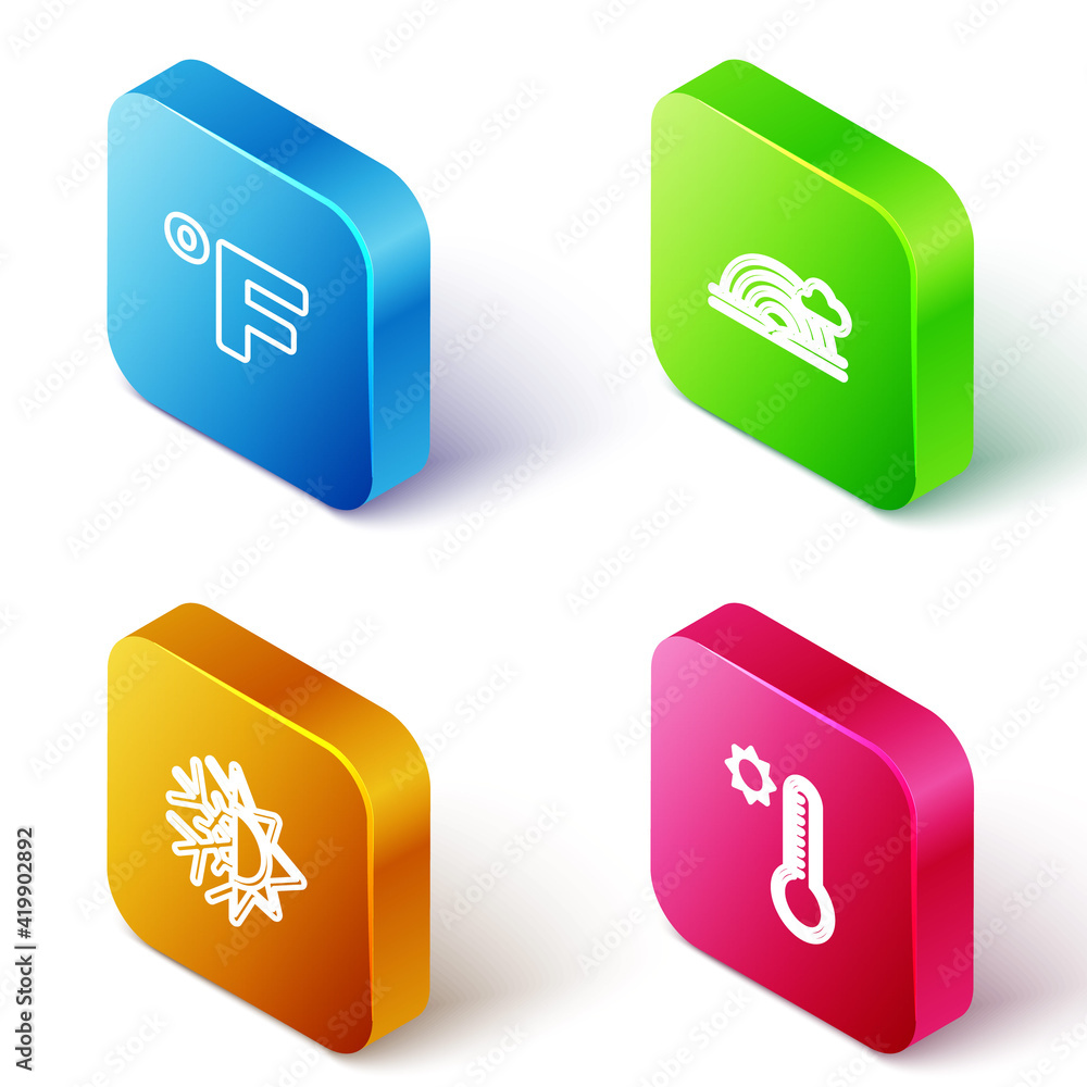 Set Isometric line Fahrenheit, Rainbow with cloud, Sun and snowflake and Meteorology thermometer icon. Vector Set Isometric line Fahrenheit, Rainbow with cloud, Sun and snowflake and Meteorology thermometer icon. Vector