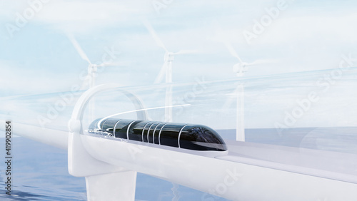 Future train futuristic with Hyperloop Technology and sea background. 3d render. photo